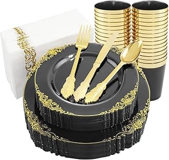 Nervure 175PCS Clear Black Plastic Plates - Gold Plastic Plates Sets for 25 Guests: 25 Dinner Plates, 25 Dessert Plates, 25 Cups, 25 Forks, 25 Knives, 25 Spoons, 25 Napkins for Weddings & Parties