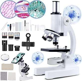 Microscope for Kids Beginner, 40X-2000X Biological Compound Microscope Kit with Adjustable Brightness LED, Slides for School Lab Home Education, Gifts for Children Students