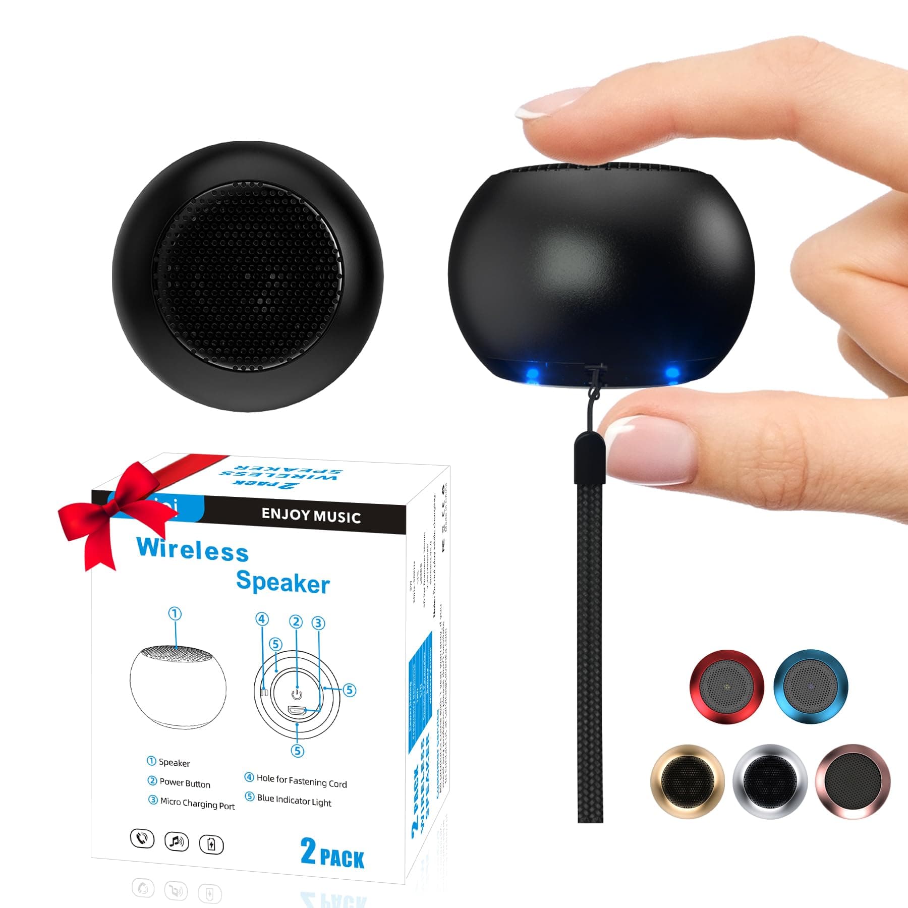2Pack Portable Mini Speakers, Bluetooth Tiny Speakers,Wireless Micro Speaker for Phone/PC/Tablet, Rechargeable Battery, Built-in Microphone, Cute Mini Speaker with Strap to Carry, Black