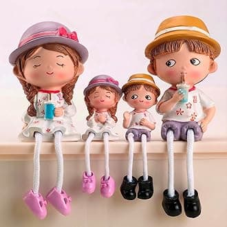 Decorative Family Set Showpiece - Polyresin Hanging Legs Statues - Cute Cabinet Figurines With Sipper Drinks (4 Pcs Set, Multicolor)