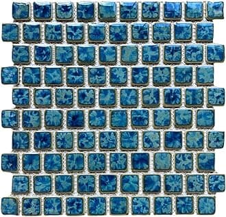 Tenedos Seawater Brick Pattern Blue Greenish and Gold 1 Inch Porcelain Pool Mosaic Floor and Wall Tile for Backsplash, Kitchen, Bathroom, Swimming Pool (20 Sheets)