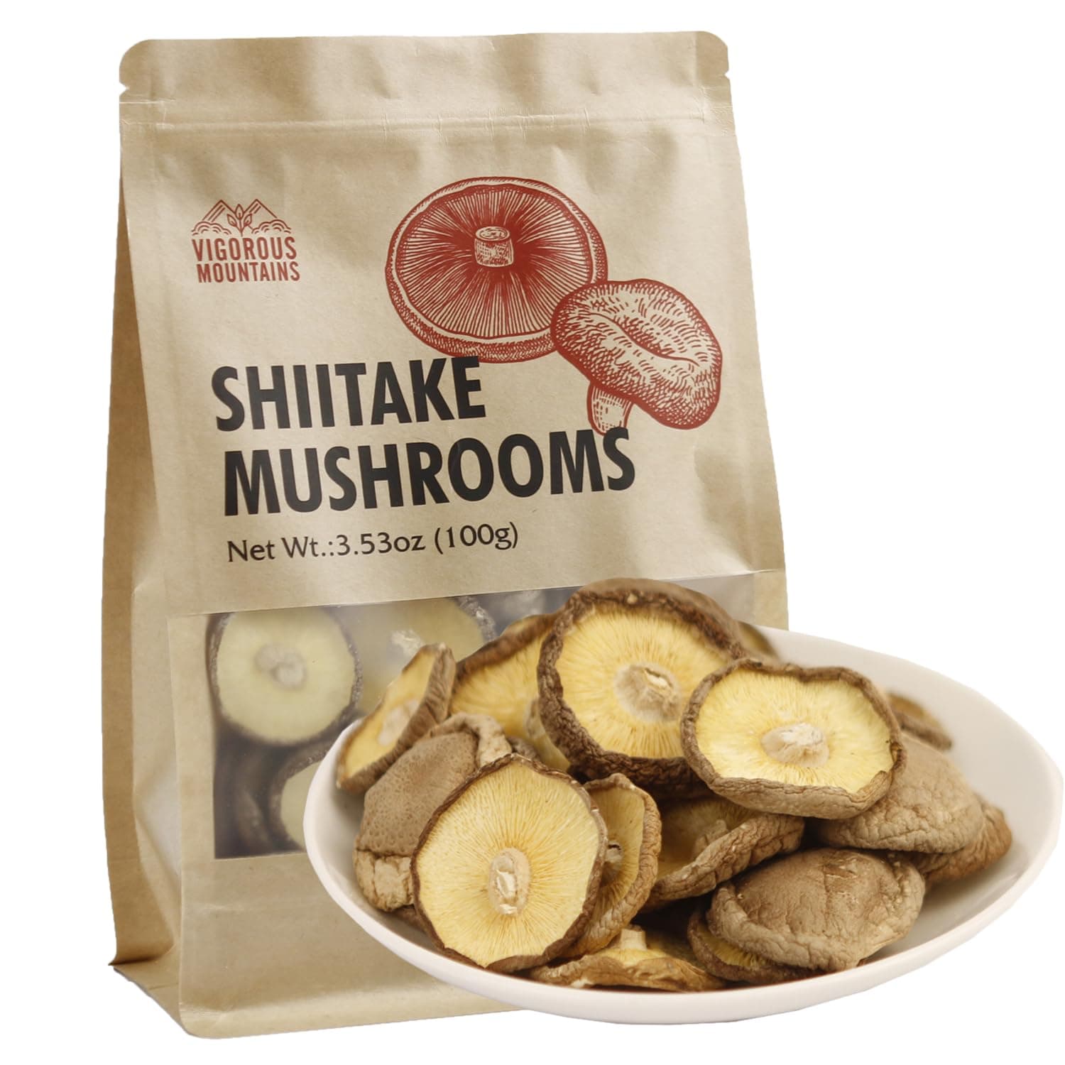 VIGOROUS MOUNTAINS Dried Shiitake Mushrooms for Cooking, Pure Aroma Thin Cap without Stem, Rehydrate Quickly, Soft Texture Dry Mushrooms Shiitake Perfect for Summer Barbecue, 3.53 oz