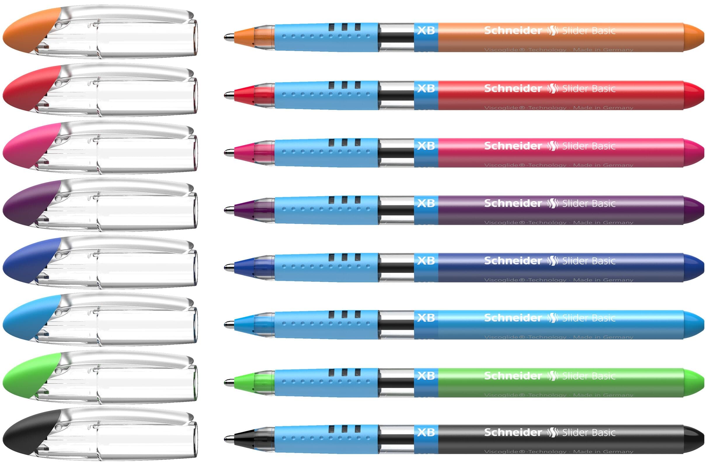 Slider Basic XB (Extra Broad) Ballpoint Pen, 1.4 mm, Transparent Barrel, Assorted Ink Colors, Pack of 8 Pens (151298)