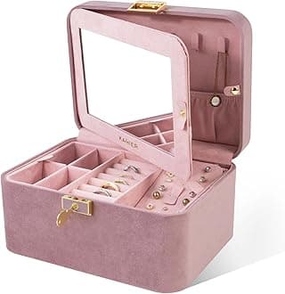 KAMIERKAMIER Jewelry Box, 2 Layers PU Leather Jewelry Organizer Box, Large Capacity, Double Lock and Large Mirror, Hidden Necklace Hooks, Removable Dividers, Gift Box Packaging,Velvet Pink