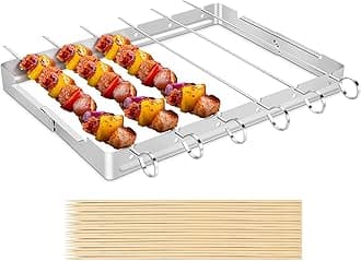 UNICOOK Heavy Duty Stainless Steel Barbecue Skewer Shish Kabob Set, 6pcs 13ââ‚¬ÂL Skewer and Foldable Grill Rack Set, Durable and Reusable, Bonus of 50pcs 12.5ââ‚¬ÂL Bamboo Skewers for Party and Cookout