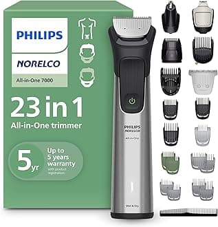 Philips Norelco Multigroom 7000 Series, All-in-One Trimmer, Beard Trimmer and Hair Clipper, 23-Piece Men's Grooming Kit for Beard, Face, Nose, Ear, Body, with Titanium Blades, Travel Pouch, MG7970/49