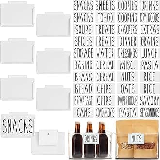 Storage Bin & Pantry Labels with Clip-On Holders - 3.5 x 2.5 in White Metal, 8 Clips & 40 Vinyl Tags - Kitchen Shelf Labels