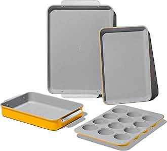 CarawayNonstick Ceramic Bakeware Set (5 Pieces) - Baking Sheets, Assorted Baking Pans & Storage - Aluminized Steel Body - Non Toxic, PTFE & PFOA Free - Marigold