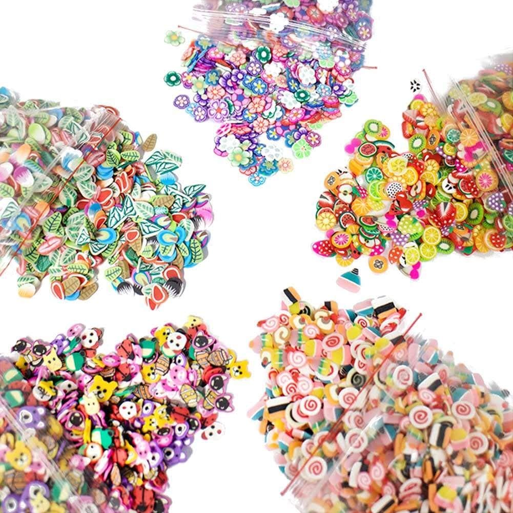 Aoleytech Tiny Fruit Slime Charms Cute Set,5000 Pcs 3D Polymer Fimo Slices DIY Nail Art Slime Supplies Decoration Arts Crafts(Fruit,Rose,Cake,Animal,Feather Pattern)-1000Pcs/Pack