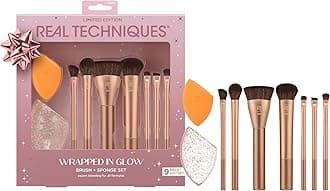 Real Techniques Wrapped In Glow Brush + Sponge 9 Piece Holiday Gift Set, Complete Makeup Brush Set, Foundation Sponge, Seamless Blending & Travel Case, Stocking Stuffer, Limited Edition, Latex-Free
