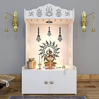 White Wooden Temple for Home with Spacious Shelf Inbuilt Focus Light White Big Temple (Size-18D*22.5W*38H inch)