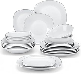 MALACASA Dinnerware Sets, 24 Piece Porcelain Square Dishes, White with Silver Rim Plates and Bowls Sets, Ceramic Dish Set for 6, Chip Resistant Dishware Sets, Series ELISA
