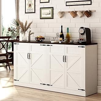 Sideboard Buffet Cabinet with Storage - 65 Inch Farmhouse Kitchen Sideboard Cabinets with Adjustable Shelves, Wooden Coffee Bar Storage Cabinet Buffet Table for Kitchen, Dining Room, White
