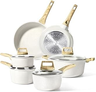 GiPP Pots and Pans Set Non Stick - White Granite Kitchen Cookware Sets, 10 Pcs Nonstick Induction Cookware Non-toxic Cooking Pan Set with Lids, PFOS and PFOA Free