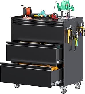 SUXXAN Metal Storage Cabinet with 3 Drawer and 4 Hooks,35.4" H Top Workbench Mobile Tool Chests Garage Cabinets with 4 Wheels,Tool Cabinets for Home,Office,Shop