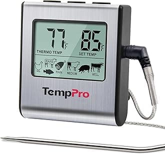 ThermoPro TP-16 Large LCD Digital Cooking Food Meat Thermometer for Smoker Oven Kitchen BBQ Grill Thermometer Clock Timer with Stainless Steel Temperature Probe