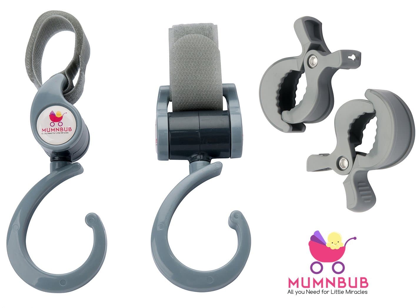 Stroller Hook - 2 Pack (Grey) Multi-Purpose Heavy Duty Buggy Clips for Mommy - Universal Fit Perfect Pram Accessories for Hanging Diaper Bag, Shopping Bag, Groceries -Includes 2 Stroller Pegs