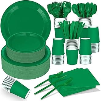 TWOWYHI 228PCS Green Party Supplies Set Include Paper Plates Cups Paper Napkins Plastic Spoons Forks Knives for 30 Guests Disposable Party Dinnerware for Birthday Wedding Family Picnic