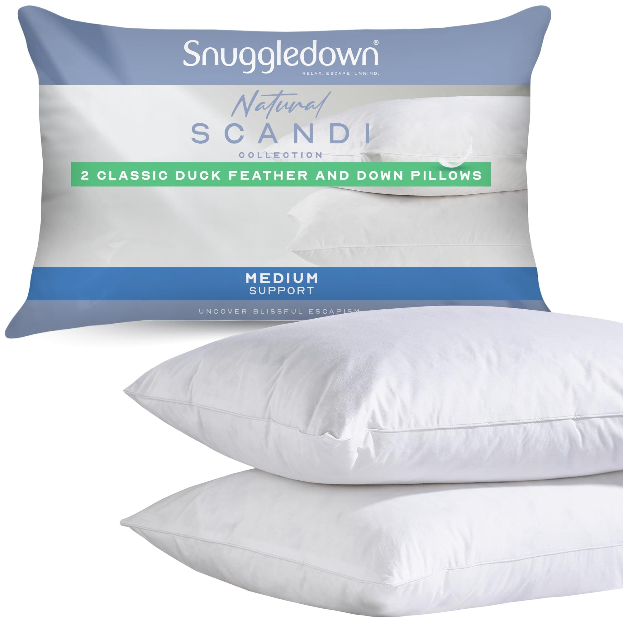 Snuggledown Duck Feather & Down Pillows 2 Pack - 85:15 Ethically Sourced Fill for Back & Side Sleepers | Medium Support, Soft Cotton Cover, Non-Allergenic & UK-Made (48 × 74cm)