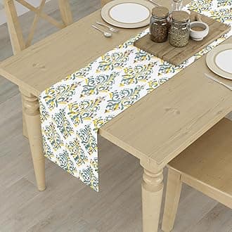 HOMEMONDE Cotton Center Table Rectangular Runners 6 Seater For Dining Room Tables,Yellow&Dark Cyan,Ikat,12X72 Inches
