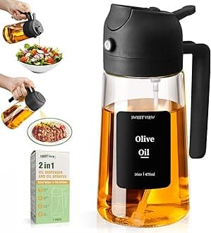 Olive Oil Sprayer for Cooking, 16oz/470ml Glass Oil Dispenser/Pour Bottle, Kitchen Accessories, Kitchen Gadgets for Air Fryer, Salad, BBQ, with Stickers (Black)