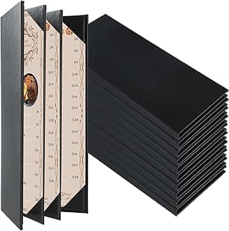 Restaurant Menu Covers Holders 4.25" x 11" | Pack of 10 Synthetic Leather Quad Fold Panels 6 View Angled Corners Black for Wine List, Drinks (10, Quad Fold Panels 6 View (4.25 x 11 inch))