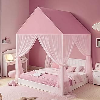 ZRVTM Princess Bed Canopy for Girls - Pink Bed Canopy Princess Castle Dreamy Playhouse Mosquito Net Reading Nook Canopies Play Tent Canopy Bed Curtains for Kids Room(Twin,Full)