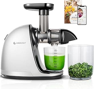 AMZCHEF Juicer Machines - Cold Press Slow Juicer - Masticating Juicer for Whole Fruits and Vegetables - Delicate Chew No Need to Filter - BPA Free Juice Extractor with 2 Cups and Brush - White [Energy Class A+++]