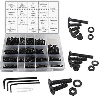 M5 M6 M8 Nuts and Bolts Washers Assorted Set, Black Hex Flat Head Screws Bolts and Nuts Kit, Thread Machine Hex Bolt Set Fastener Repair Tools Assortment Kit with 3 Wrench 310pcs