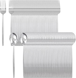 SUT 200Pcs Plastic Silverware,Plastic Spoons and Forks, Disposable Silverware,Silver Plastic Silverware, Disposable Forks and Spoons, Includes 100 forks, 100 spoons for Party, Birthday, Wedding