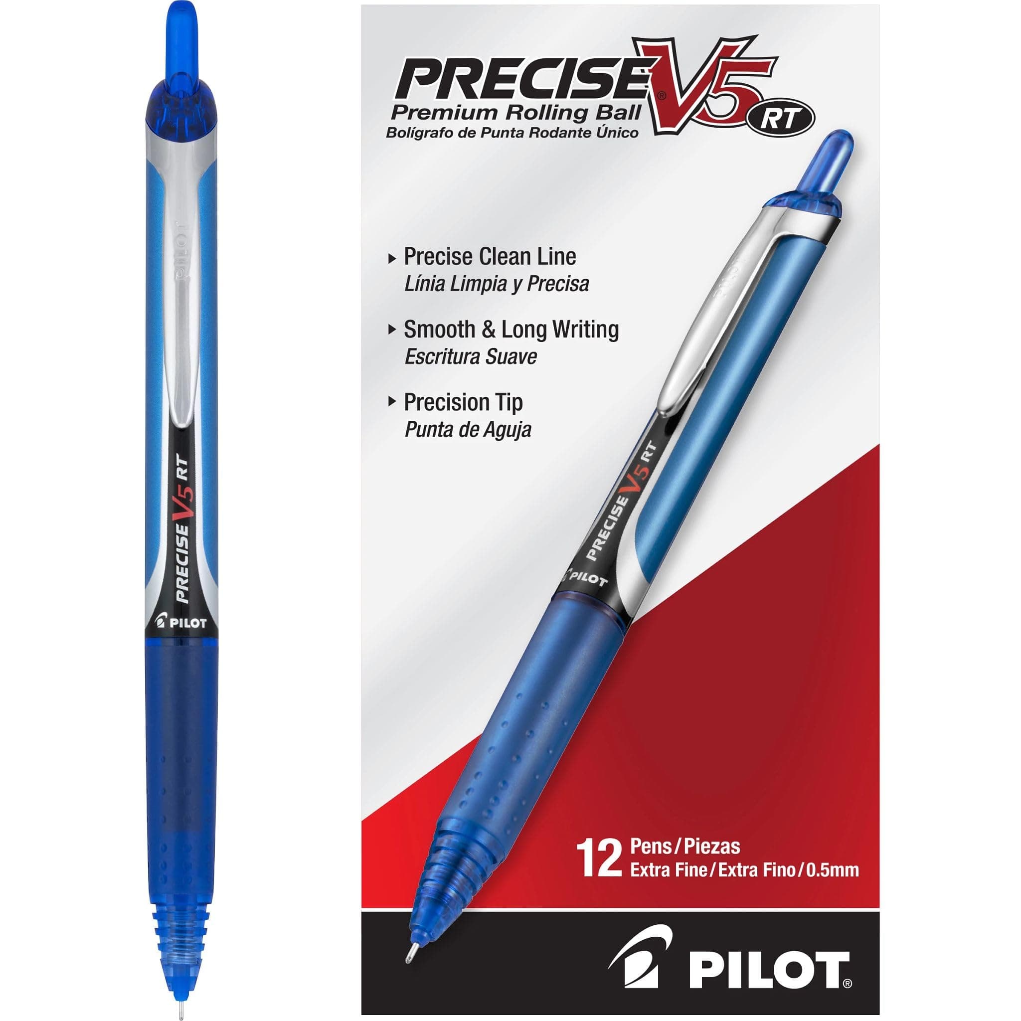 Precise V5 RT Refillable & Retractable Rollerball Pens, Extra Fine Point Pens 0.5 mm, Blue, Pack of 12 - Ideal for School, Journaling & Office Writing