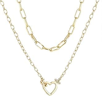 Chunky Gold Necklaces for Women Layered 14k Gold Silver Plated Heart Pearl Pendant Choker Necklace Trendy Dainty Stacked Paperclip Cuban Chain Simple Jewelry Valentine's Day Gifts Set
