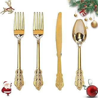 WDF 200 Pieces Gold Plastic Silverware Disposable - 50 Guests Heavy Duty Thanksgiving Gold Plastic Cutlery - Disposable Utensils Includes 100 Forks, 50 Spoons, 50 Knives Perfect for Party/Weeding