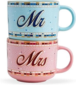Shay Ceramic Mr Mrs Mugs, Set of 2, 350ml, Pink Blue | Couple Coffee Cups | Large Mugs | Glossy Finish | Premium Ceramic Coffee Cup (Mr & Mrs - Pink & Blue)