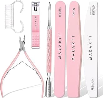 Makartt Nail File and Buffer Set, Pink Basic Prep Kit with Cuticle Clipper, Trimmer, Pusher, Brush, Manicure Care Kit for Natural and Acrylic Nails (7pcs)