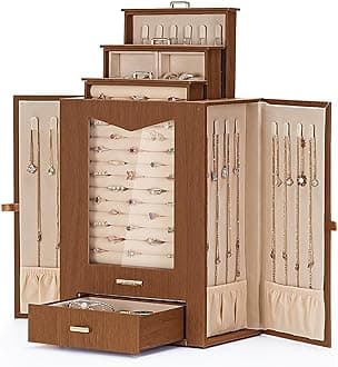 Homde Jewelry Organizer with Transparent Window Necklace Hooks Gift for Women Jewelry Box Display Case for Necklaces Rings Earrings Bracelets and Other Accessories (Brown)