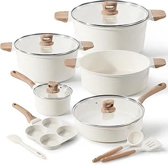 CAROTE Nonstick Pots and Pans Set, Cookware Set Induction Kitchen Cooking Set w/Stock pot & Saucepans, White Granite 13pcs