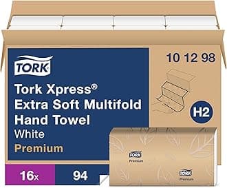 Xpress Extra Soft Multifold Hand Towel White with Blue Leaf H2, Premium, 4-Panel, High Performance, Absorbent, 2-Ply, 16 X 94 Sheets, 101298