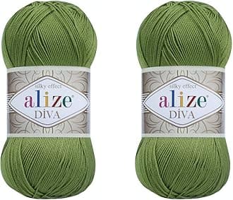 Diva Hand Knitting Yarn - 100% Microfiber Acrylic With Silk Effect - Crochet Art Lace Craft - 2 Skeins, 200gr, 767 Yds (210-Green)
