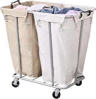 PLKOW Laundry Cart with Wheels 280L Large Laundry Sorter 2 Section for Commercial / Home, Rolling Laundry Cart with Steel Frame and Removable Bag, 8 Bushel, 32.3L x 19.7W x 31.5H Inch