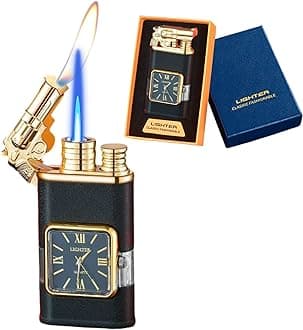 Torch Lighter, Magic Dual Flame Lighter with Portable Size, Windproof Lighter with Visible Fuel Tank, Adjustable Flame Refillable Butane Lighter for Men Friends Gifts (Without Butane)-Matte Black-g