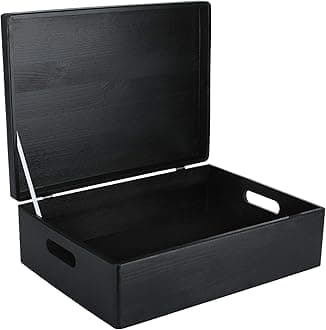 XL Black Wooden Box Storage with Hinged Lid | 15.8x11.8x5.5in (+-0.5) | Keepsake with Handles | Gift Box for Tool Dog Toy Kitchen Storage | Wood Chest Trunk