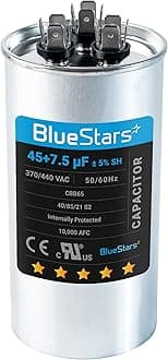 [UL Certified] BlueStars 45+7.5 uF 45/7.5 MFD 370/440 Volt V AC Round Dual Run Capacitor CBB65 CBB65A - for Air Conditioner Unit Fan Motor Start or Heat Pump or Condenser Straight Cool
