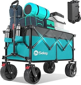 Sekey 220L Wagons Carts Foldable with Big All-Terrian Beach Wheels, Collapsible Heavy DutyWagon with Cup Holders, Extra Large Folding Wagon,Foldable Wagon for Camping, Garden, Sports.Turquoise