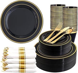 350 Pieces Black and Gold Plastic Plates with Disposable Silverware, Include 50 Dinner Plates 9”, 50 Dessert Plates 6.3”, 50 Black Cups 9 OZ, 50 Pre Rolled Napkins for Wedding Party Graduation