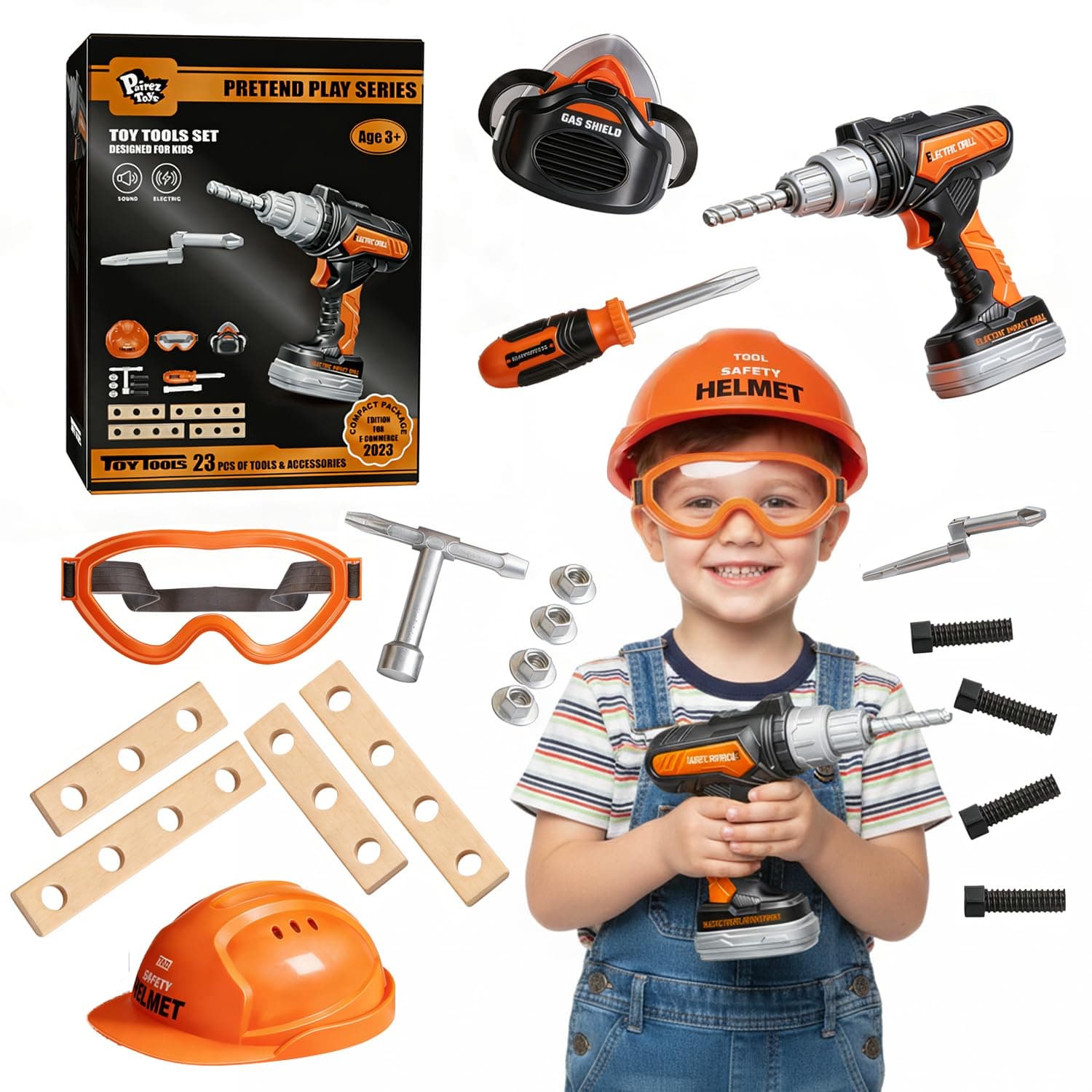Tool Sets for Kids 3-5, Electric Toy Drill & Helmet, Goggles, Mask, Construction Tools Play Set, Birthday Gifts for Boys & Girls Age 3 4 5+