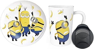 Zak Designs Minions: The Rise of Gru Ceramic Latte Mug and Plate for Coffee, Tea, Breakfast or Dessert with Travel Mug Lid, 2-Piece Set,17 Fluid Ounces