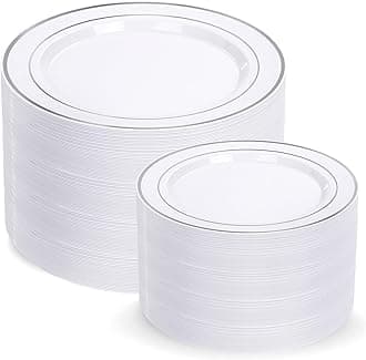 I00000 200 Pcs Silver Plastic Plates - Silver Disposable Party Plates Include 100 Dinner Plate and 100 Elegant Dessert Plate Perfect for Party, Holiday, Wedding & Birthday
