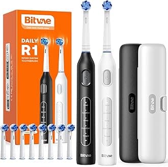 Bitvae Rotating Electric Toothbrush 2 Packs for Adults and Kids, 8 Brush Heads 60-Day Battery Life, 5 Modes Power Toothbrush with 2-Minute Smart Timer, Black & White, R1