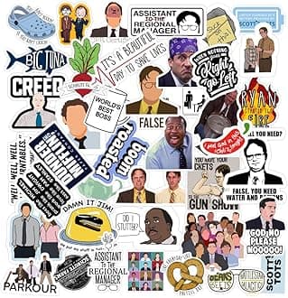 58-Piece Office & TV Show Stickers Pack | Waterproof, Residue-Free Vinyl Stickers for Laptop, Journal, Bike Helmet, Guitar & Mobile Case